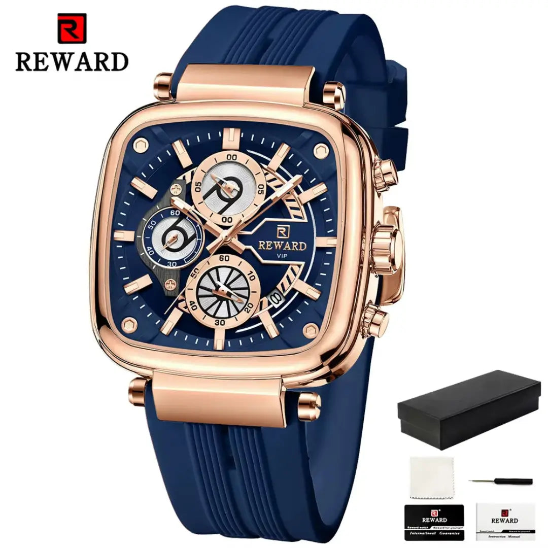 Relógio quadrado masculino azul com pulseira de silicone REWARD