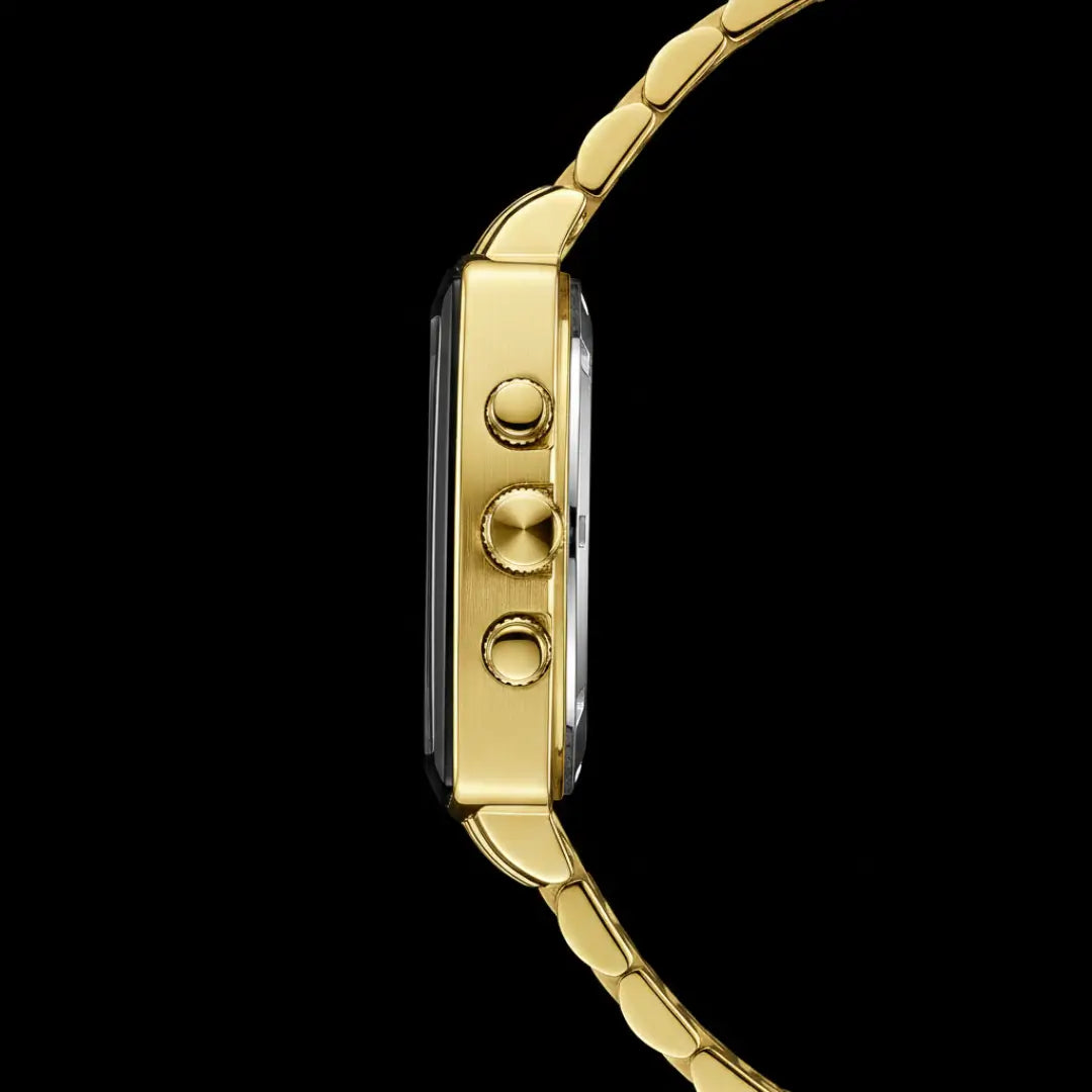 Relógio quadrado masculino dourado de perfil social Monaco Chronograph 40mm vista da caixa e botões laterais