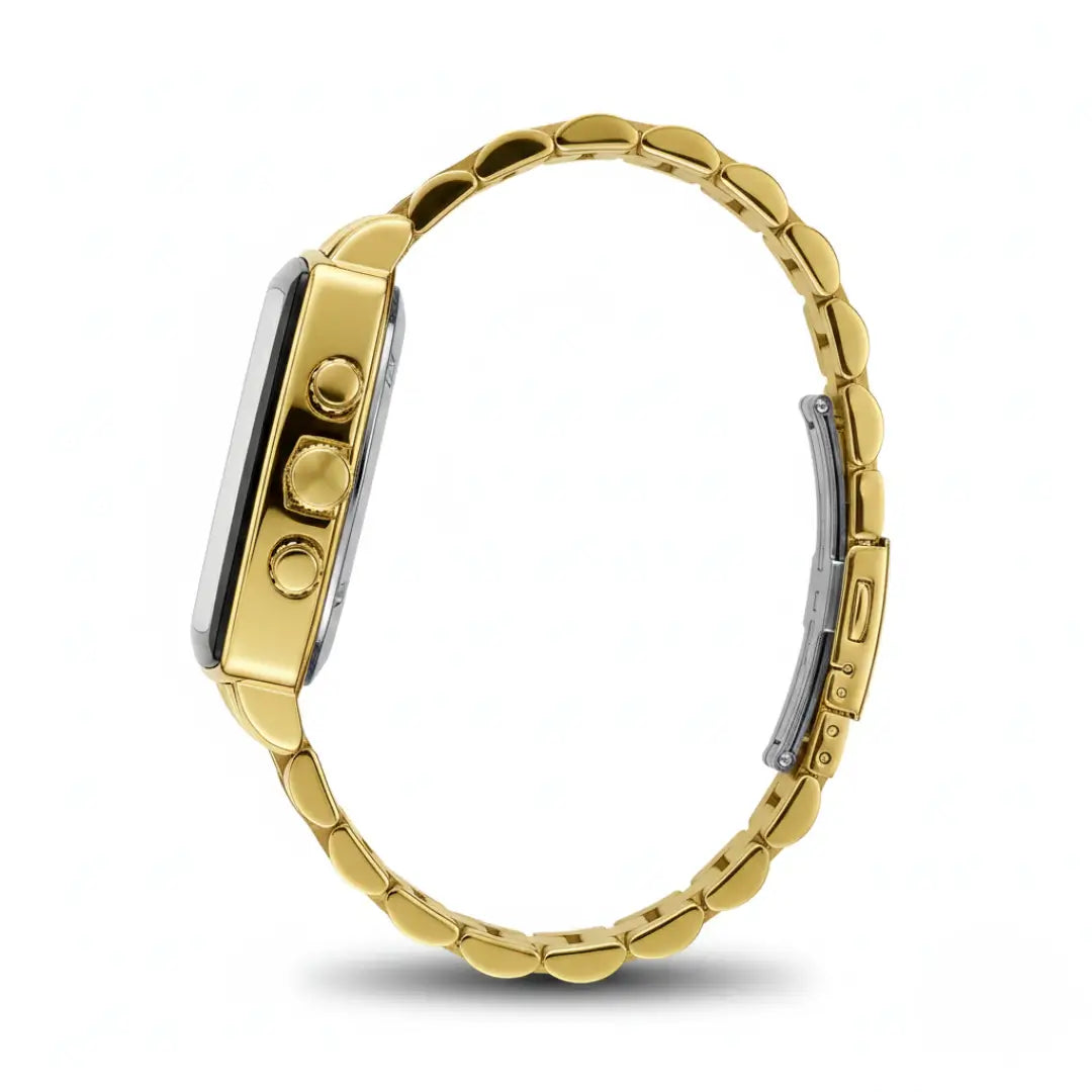 Relógio quadrado masculino dourado de perfil social Monaco Chronograph 40mm vista lateral completa do modelo