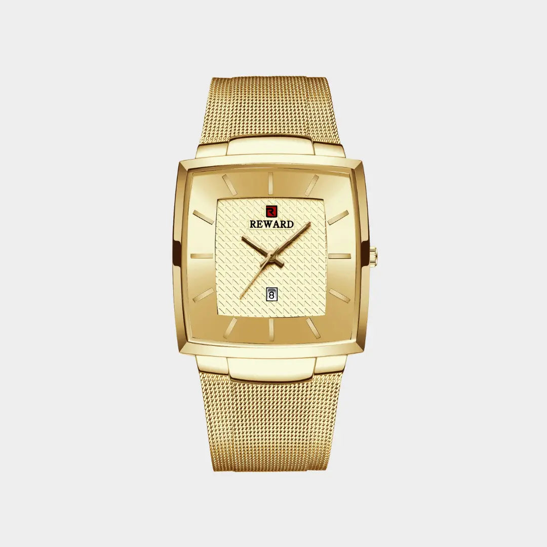 Relógio quadrado masculino dourado de perfil social Monaco Date visto de frente