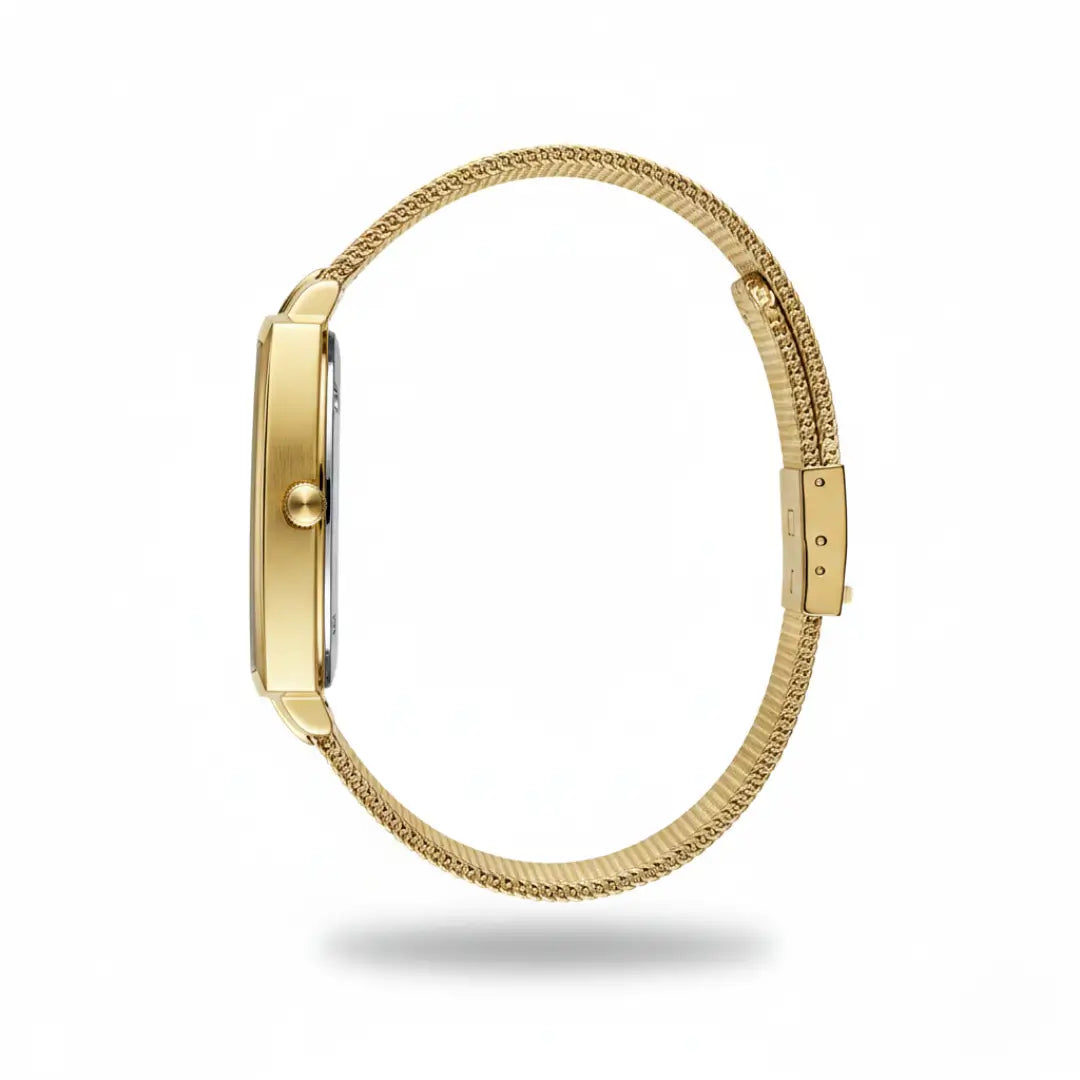 Relógio quadrado masculino dourado de perfil clássico social Monaco Date 37mm visto totalmente da lateral