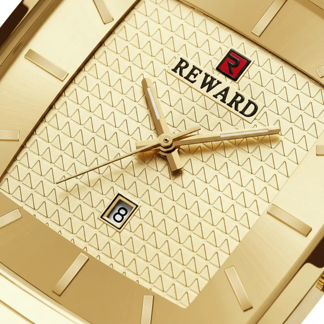 Relógio quadrado masculino dourado de perfil social Monaco Date visto do mostrador