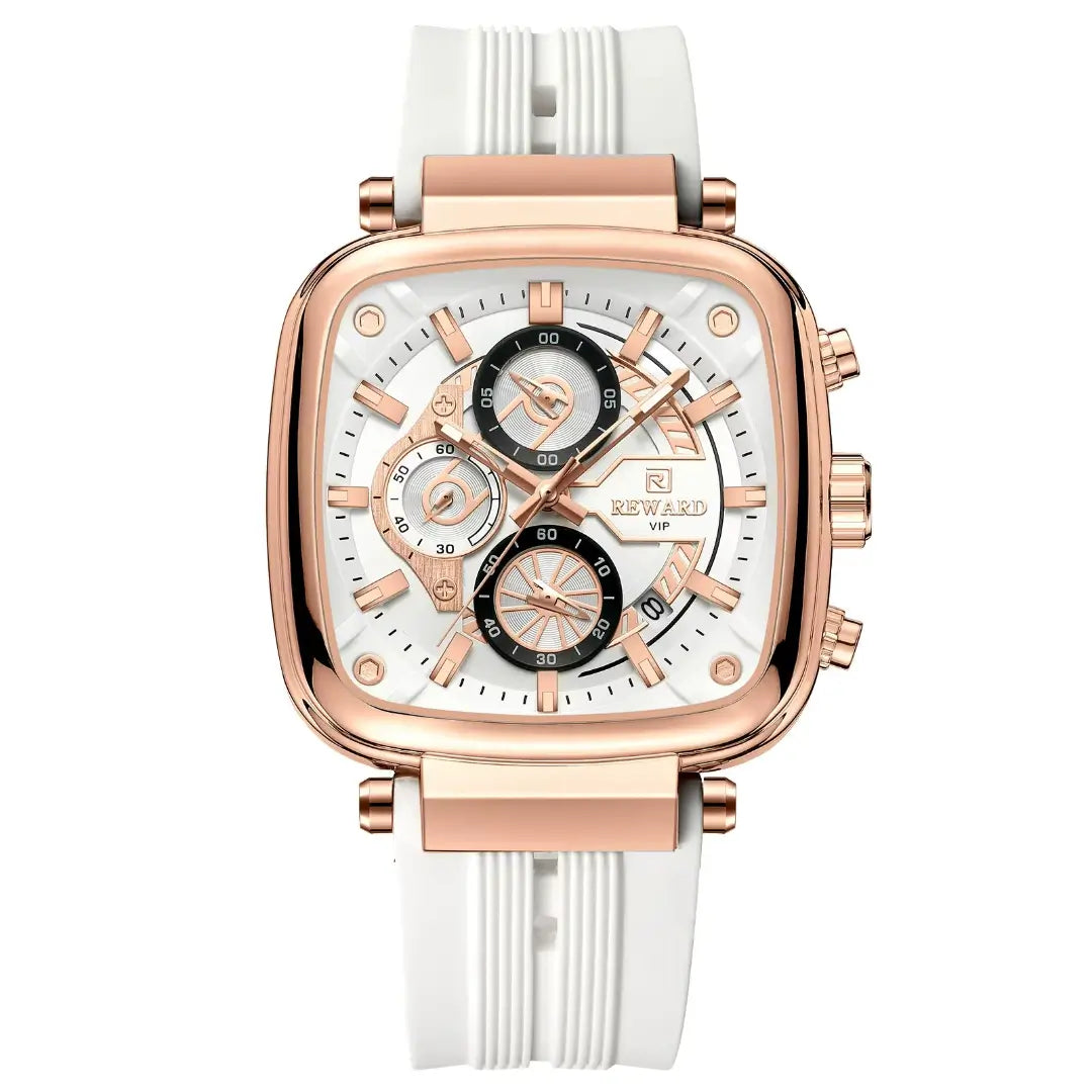Relógio quadrado masculino esportivo com pulseira em silicone e caixa quadrada rose gold e mostrador branco com cronógrafo visto de frente