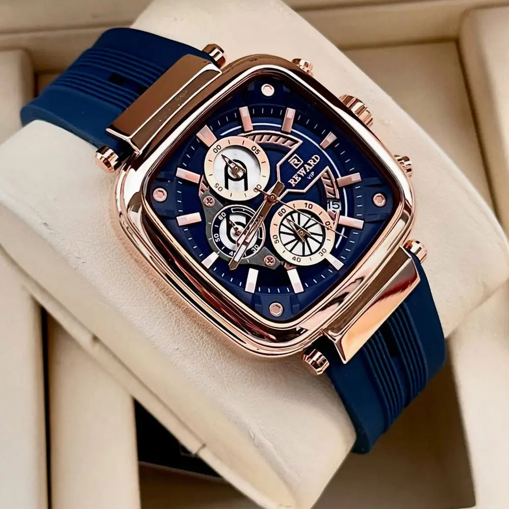 Close do mostrador azul do relógio masculino quadrado Reward VIP Monaco Sport com detalhes em rose gold e visual sofisticado