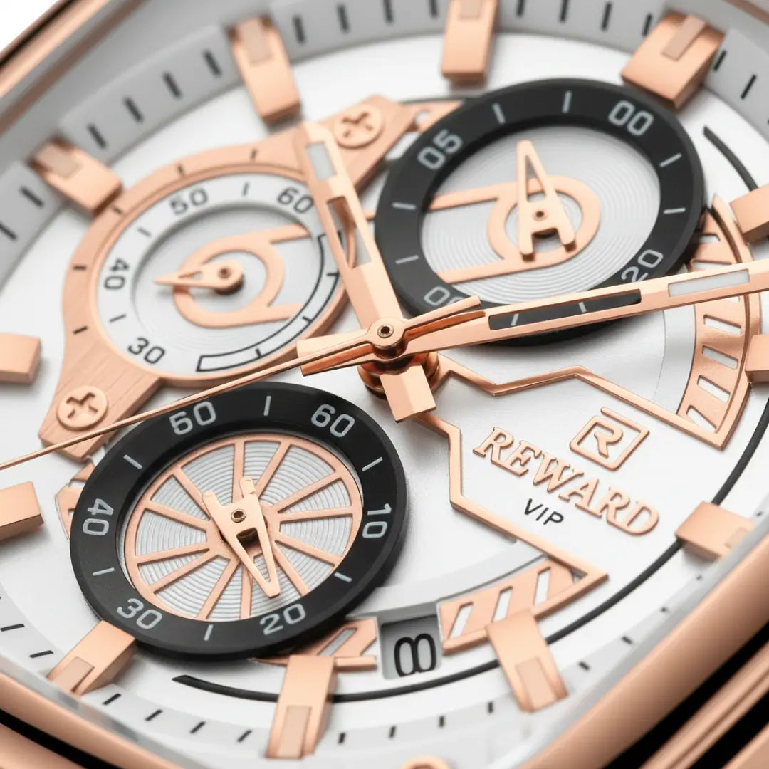 Relógio quadrado masculino esportivo Monaco 44mm com vista do mostrador branco e rose gold