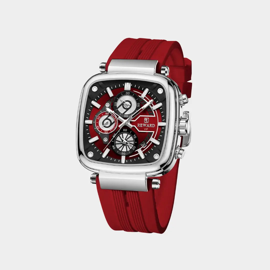 Relógio quadrado masculino com design esportivo Monaco red com caixa de 44mm prata visto da lateral