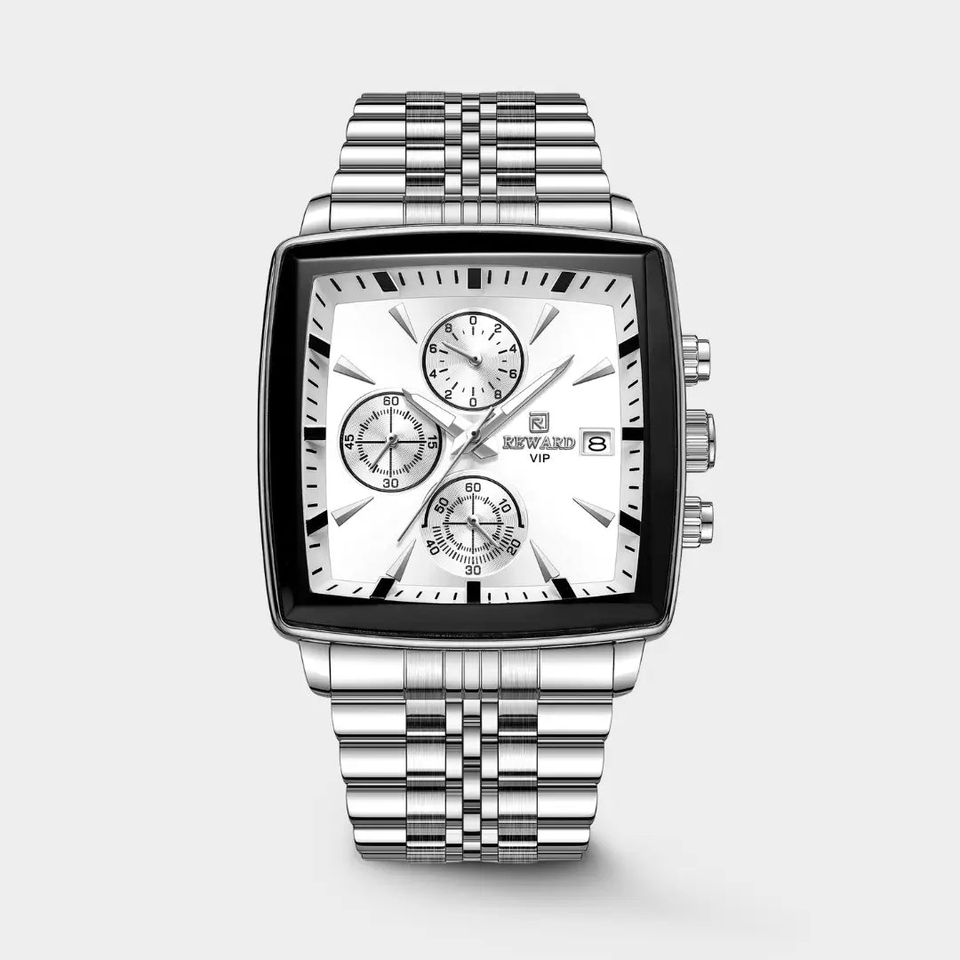 Relógio quadrado masculino prat Reward VIP Monaco Chronograph 40mm com vista frontal e background cinza