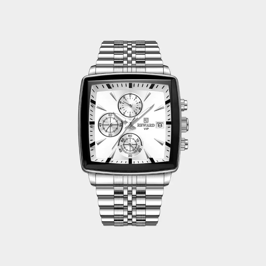 Relógio quadrado masculino prata de perfil social Monaco Chronograph 40mm vista frontal do modelo