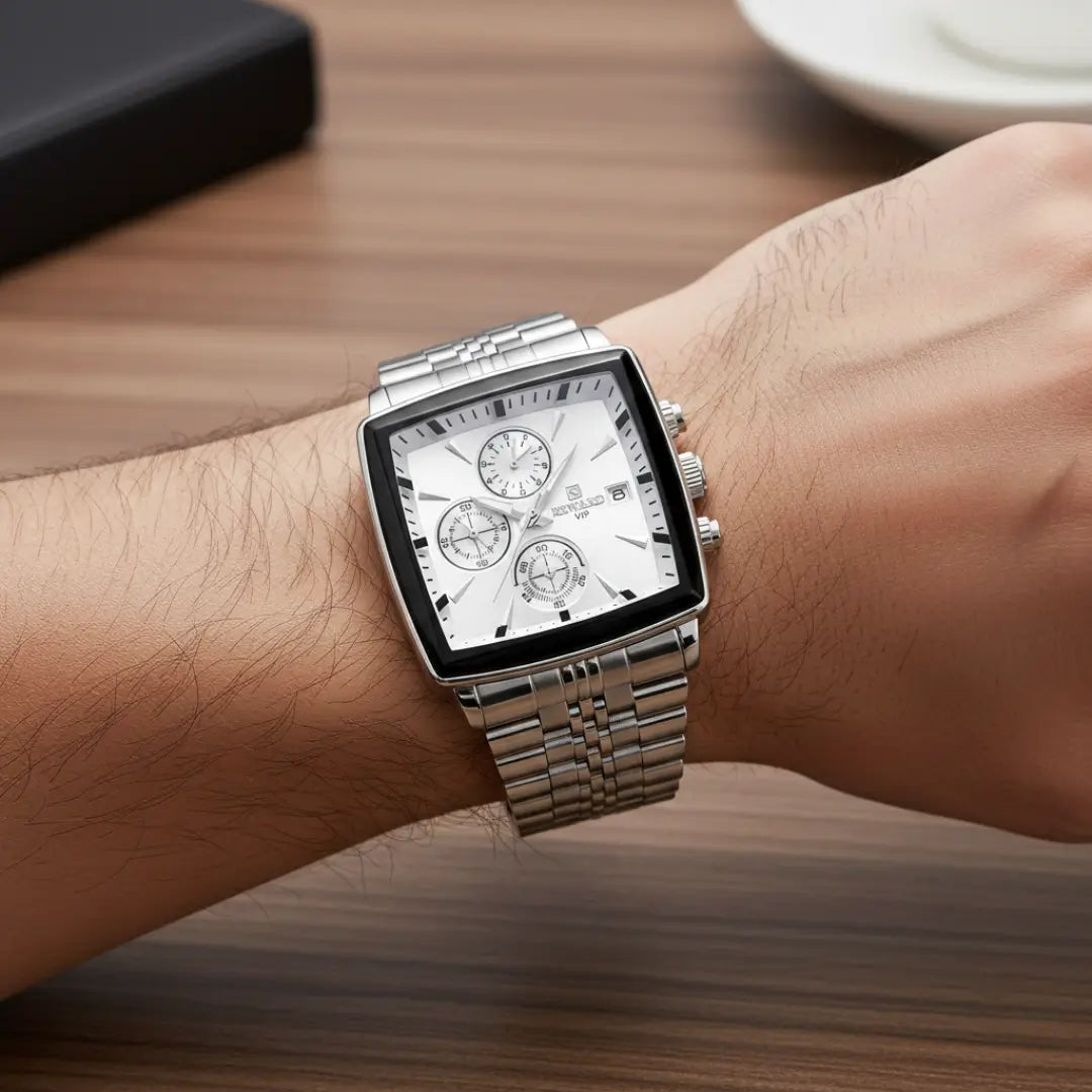 Relógio quadrado masculino prata de perfil social Monaco Chronograph 40mm sob o pulso de outro ângulo