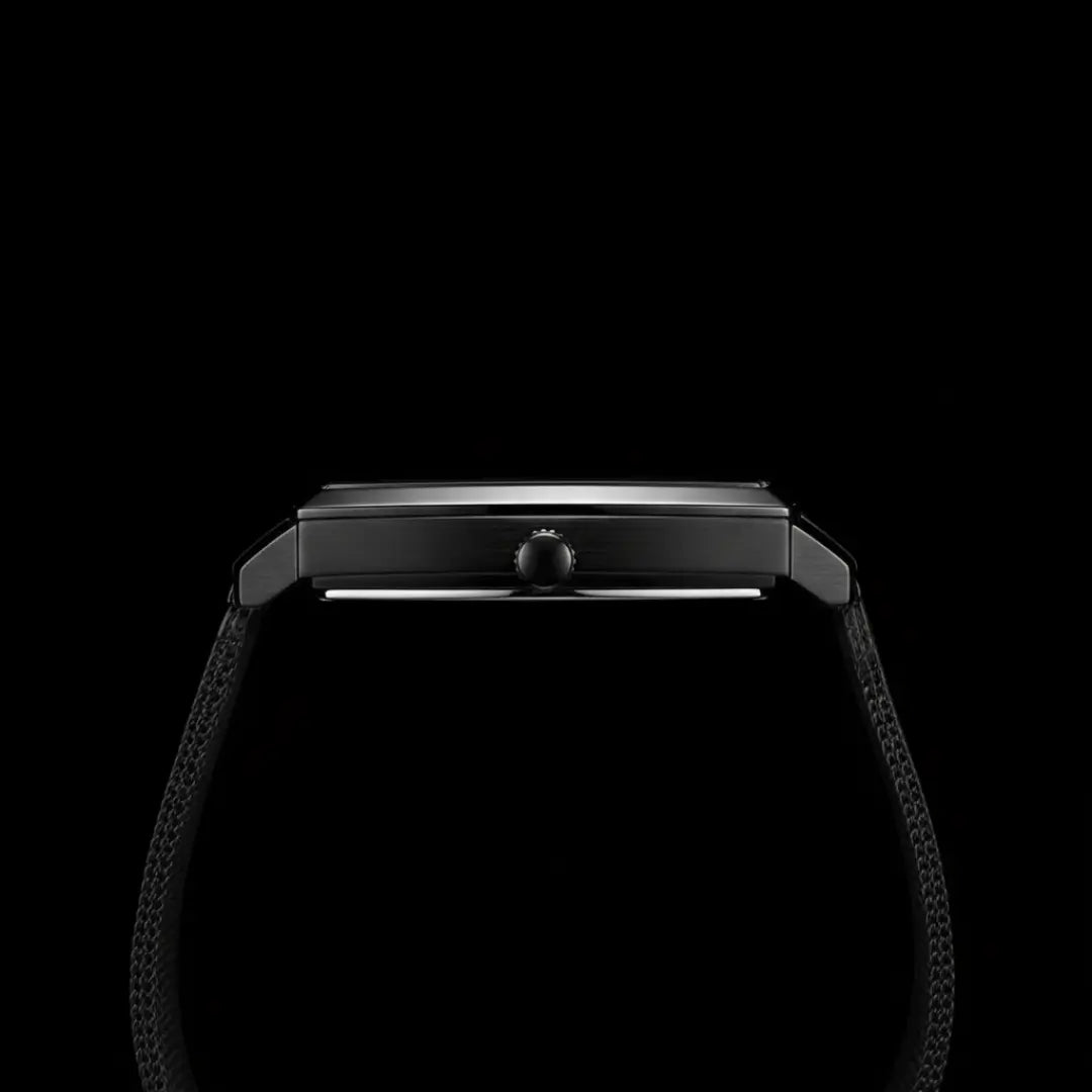 Relógio quadrado masculino preto social Monaco Date com vista da caixa lateral