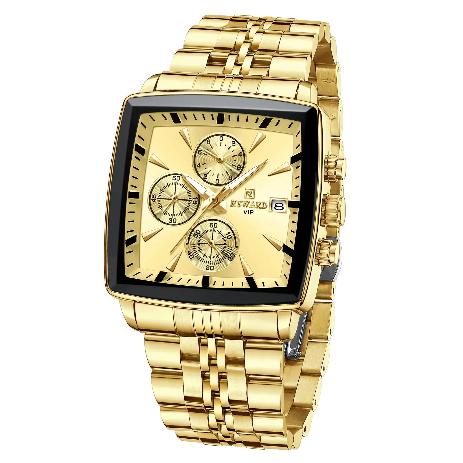 Relógio quadrado masculino Reward VIP Monaco, estilo social com cronógrafo e design clássico, cor dourado visto de lateral
