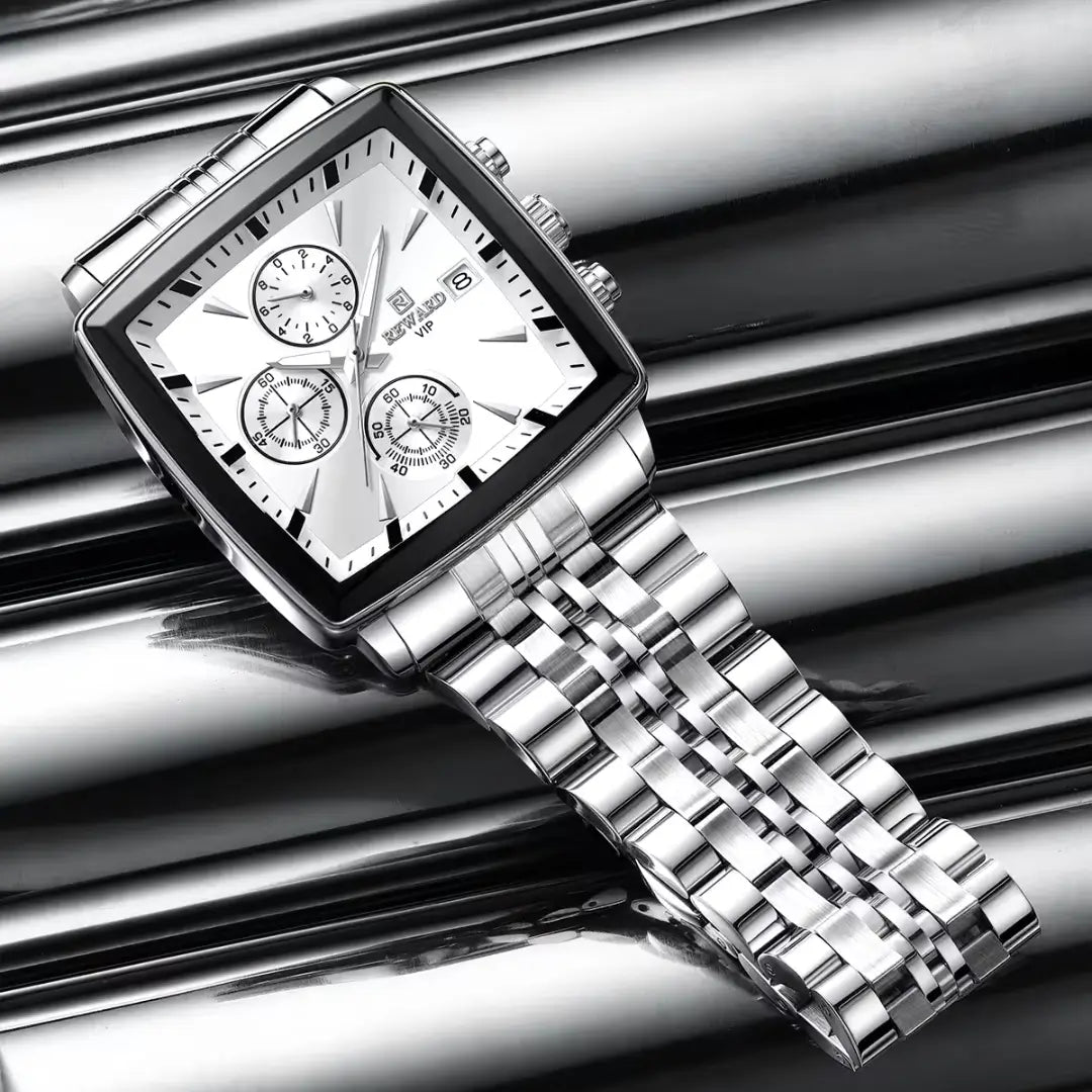 Relógio quadrado masculino Reward VIP Monaco, estilo social com cronógrafo e design clássico, cor prata visto de baixo com a pulseira