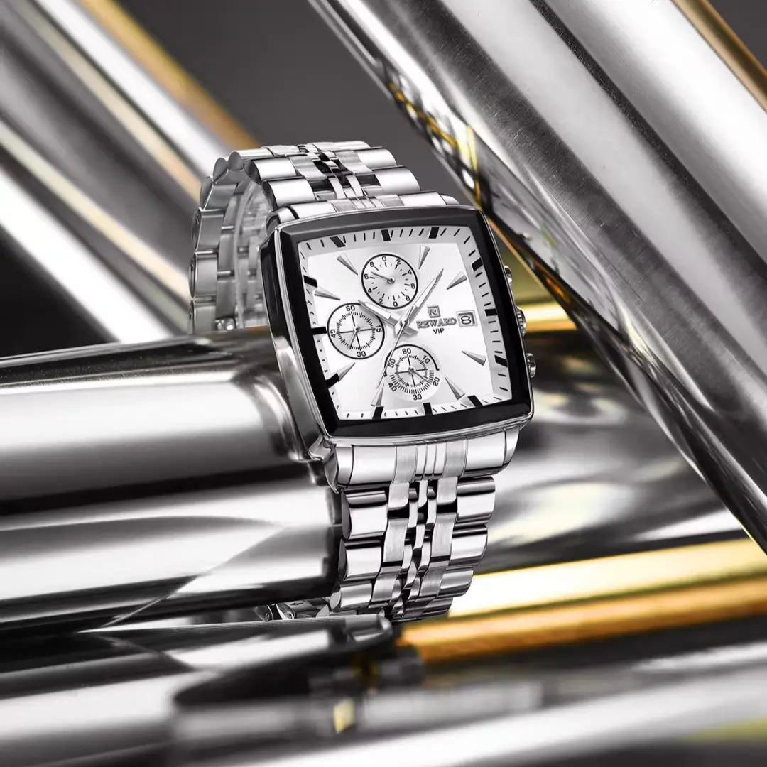 Relógio quadrado masculino Reward VIP Monaco, estilo social com cronógrafo e design clássico, cor prata vista completa