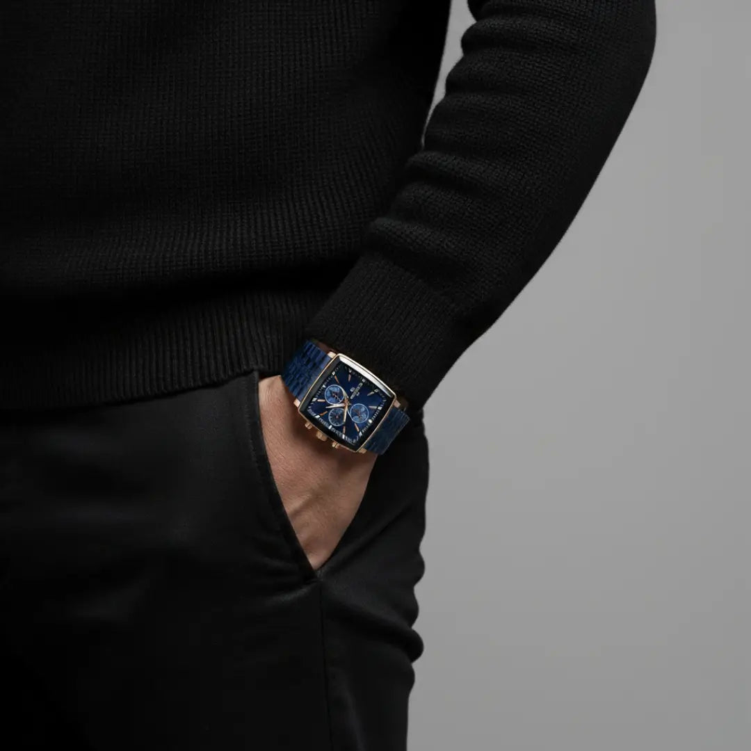 Relógio quadrado masculino de perfil social Monaco Chronograph 40mm rose gold sob o pulso