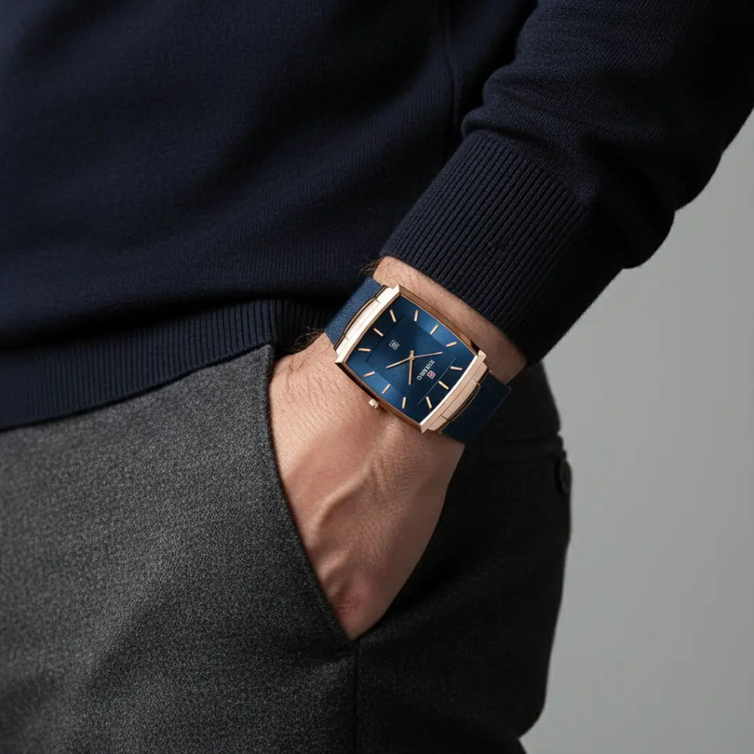 Relógio quadrado masculino social Monaco Date 37mm azul visto sob o pulso