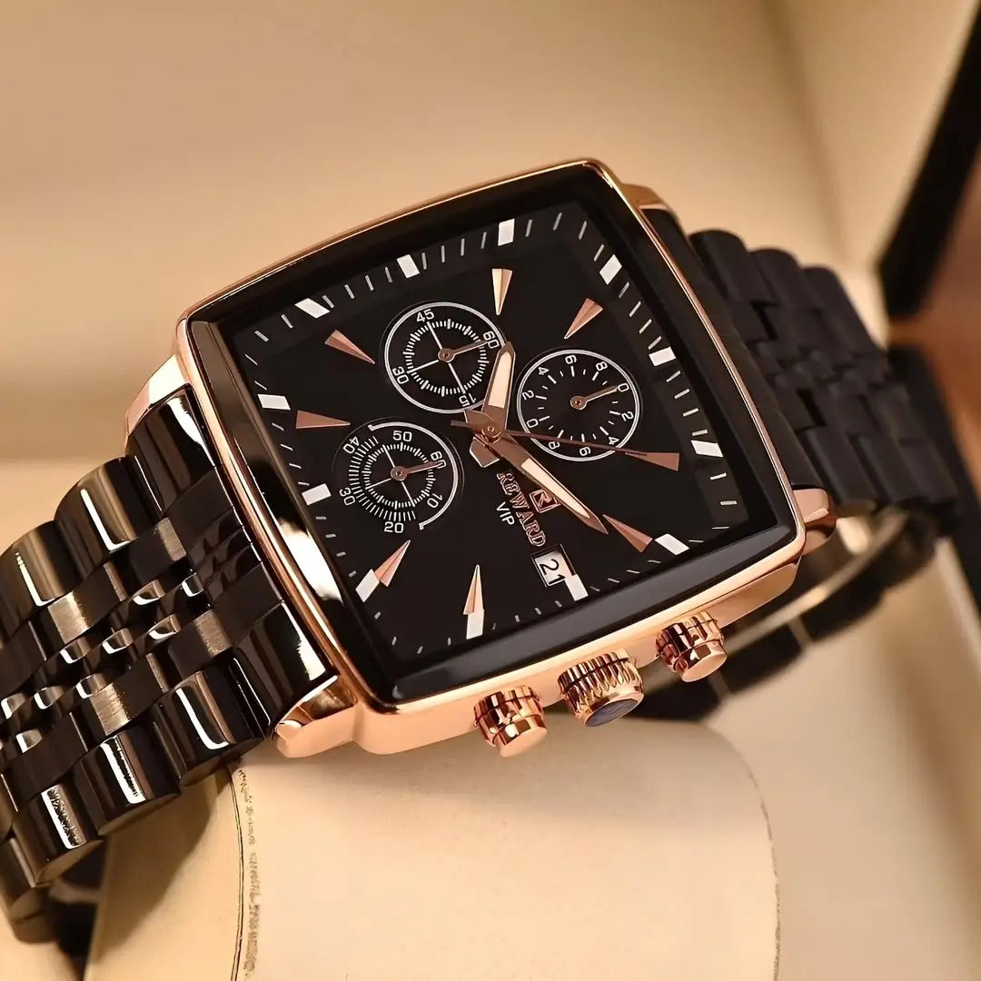 Relógio quadrado masculino Reward VIP Monaco, estilo social com cronógrafo e design clássico, cor preto e rose gold vista do mostrador