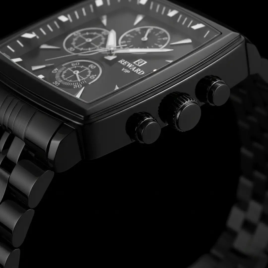 Relógio quadrado masculino de perfil social preto Monaco Chronograph 40mm visto do cristal