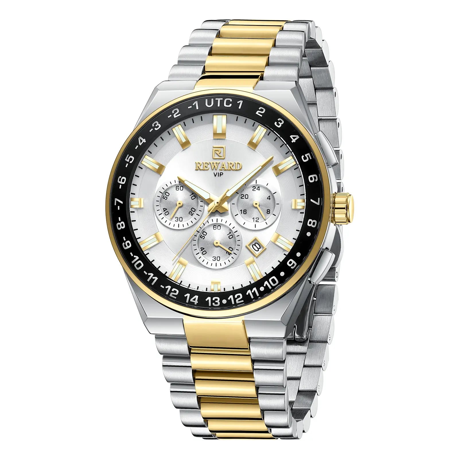 Relógio social masculino Reward VIP Navigator visto da lateral destacando sua coroa e cronógrafo
