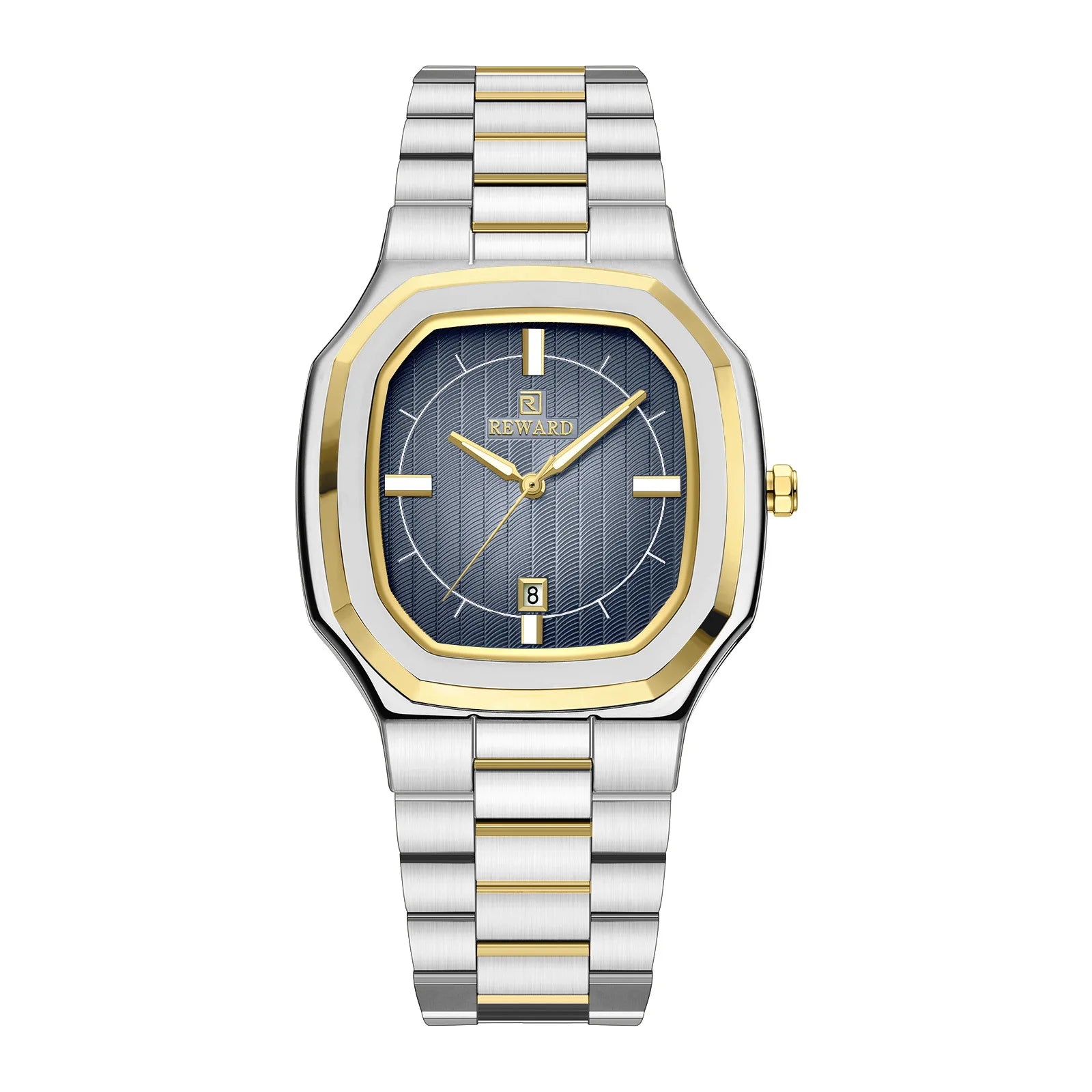 Relógio social masculino com pulseira de aço prata com elo central dourado e mostrador azul visto de frente