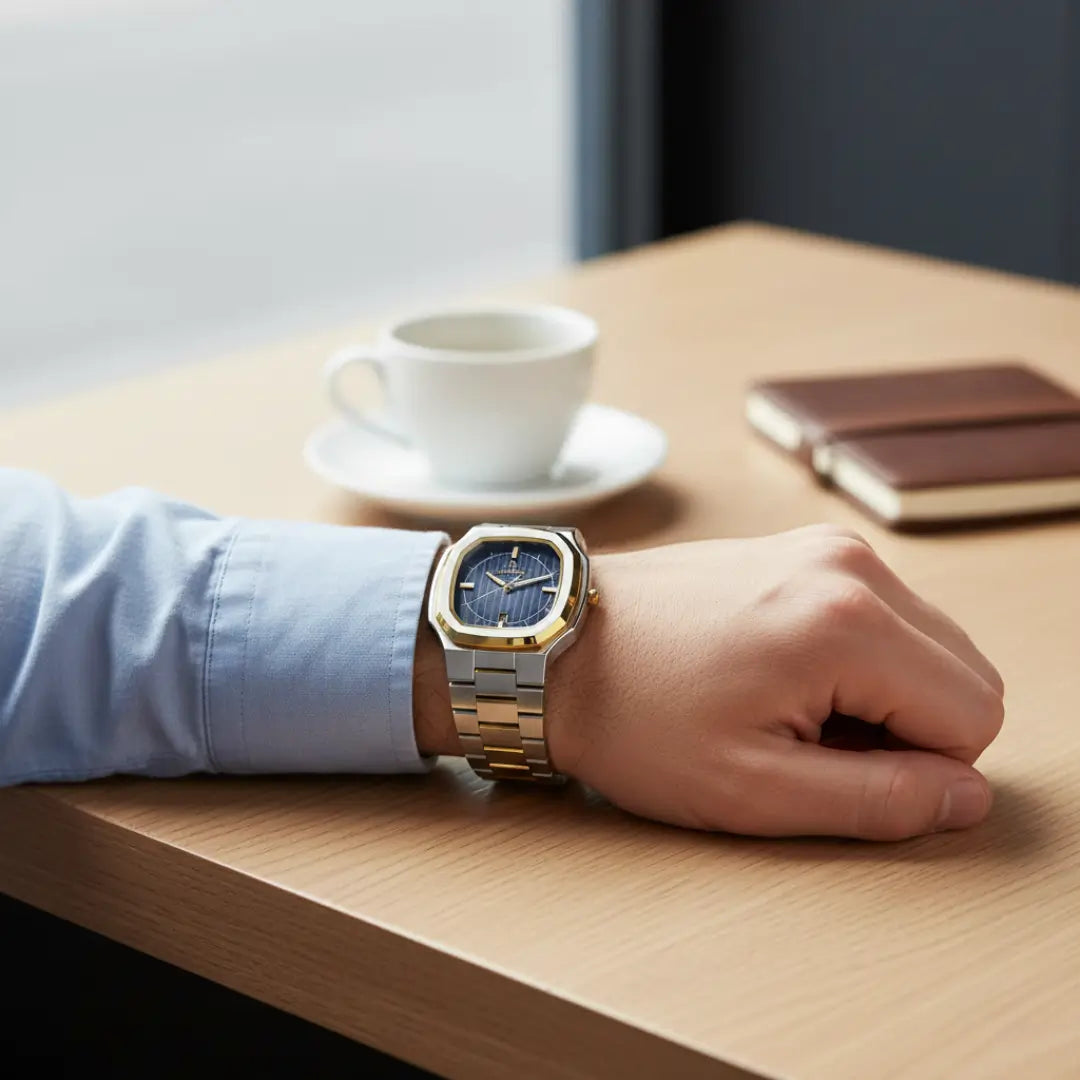 Relógio social masculino bicolor Signature 38mm com caixa octogonal visto no pulso em cafeteria