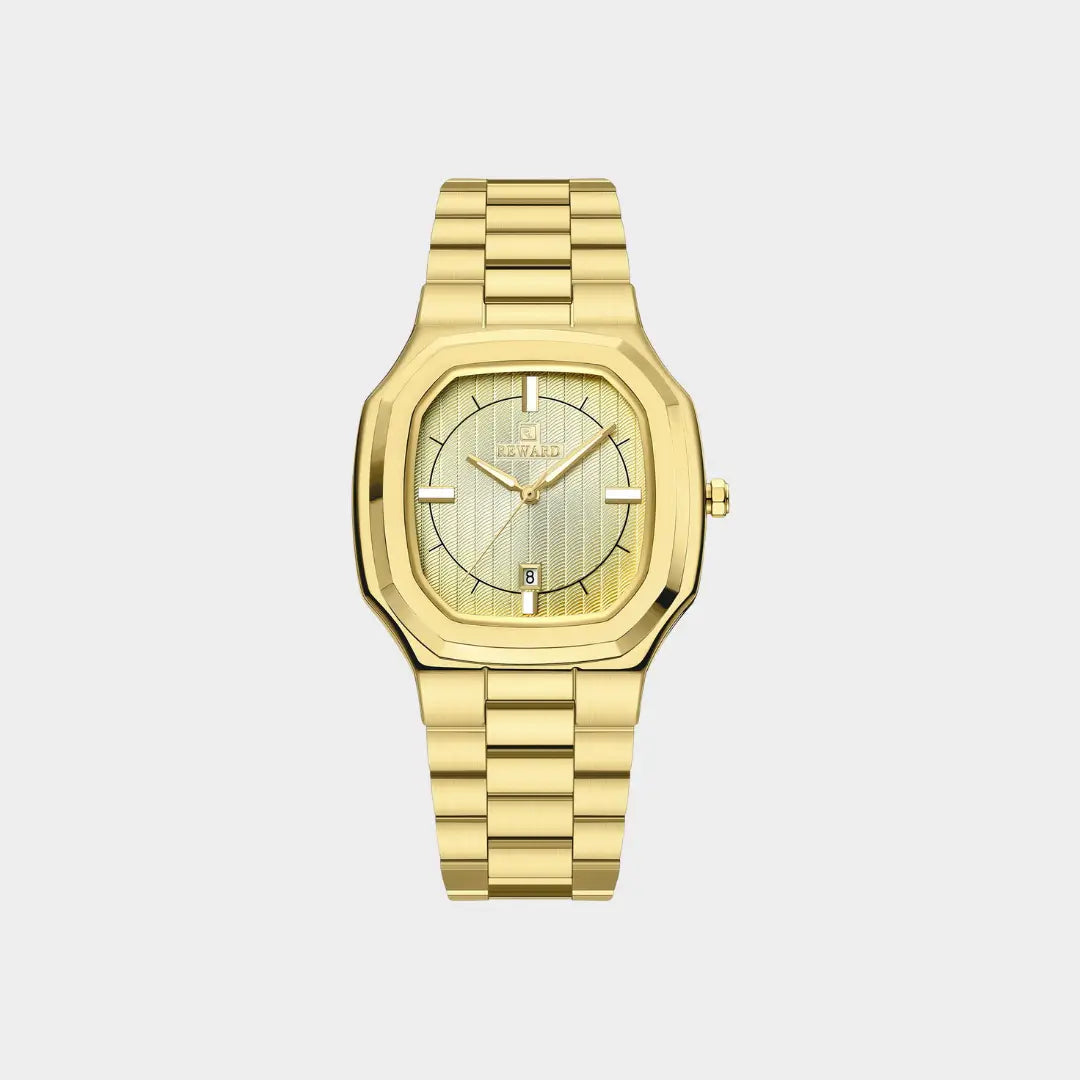 Relógio social masculino dourado Reward VIP Signature com caixa de 38mm octogonal visto de frente