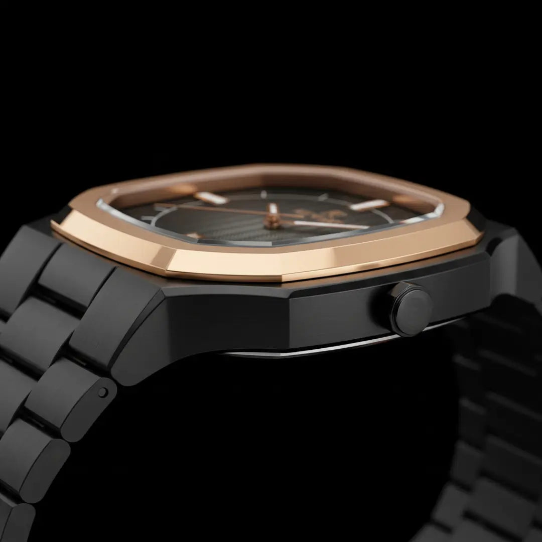 Relógio social masculino preto Signature 38mm com vista do bisel e detalhes do lug