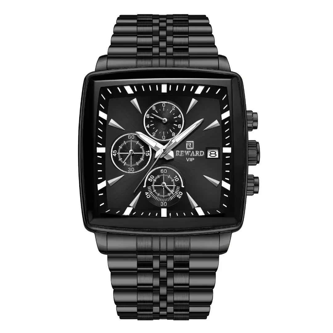 relógio masculino preto em aço reward vip monaco modelo feito em aço polido com desgin quadrado cor preto profundo e mostrador preto com índices e ponteiros na cor prata