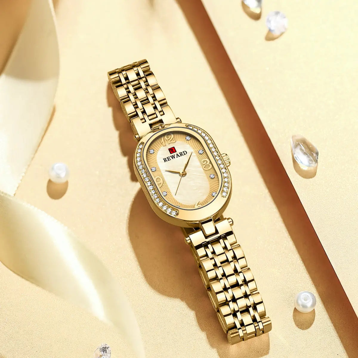 Relógio dourado feminino pequeno Reward VIP Octávia Mini visto de cima