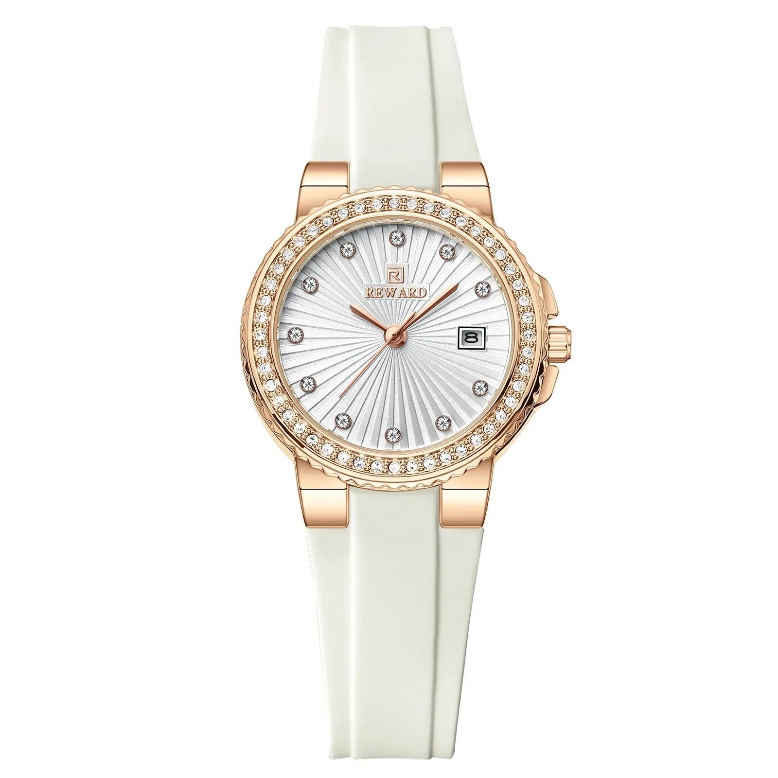 Relógio feminino pequeno branco Reward VIP Éclat com vista frontal do modelo destacando sua caixa rose gold e pulseira branca