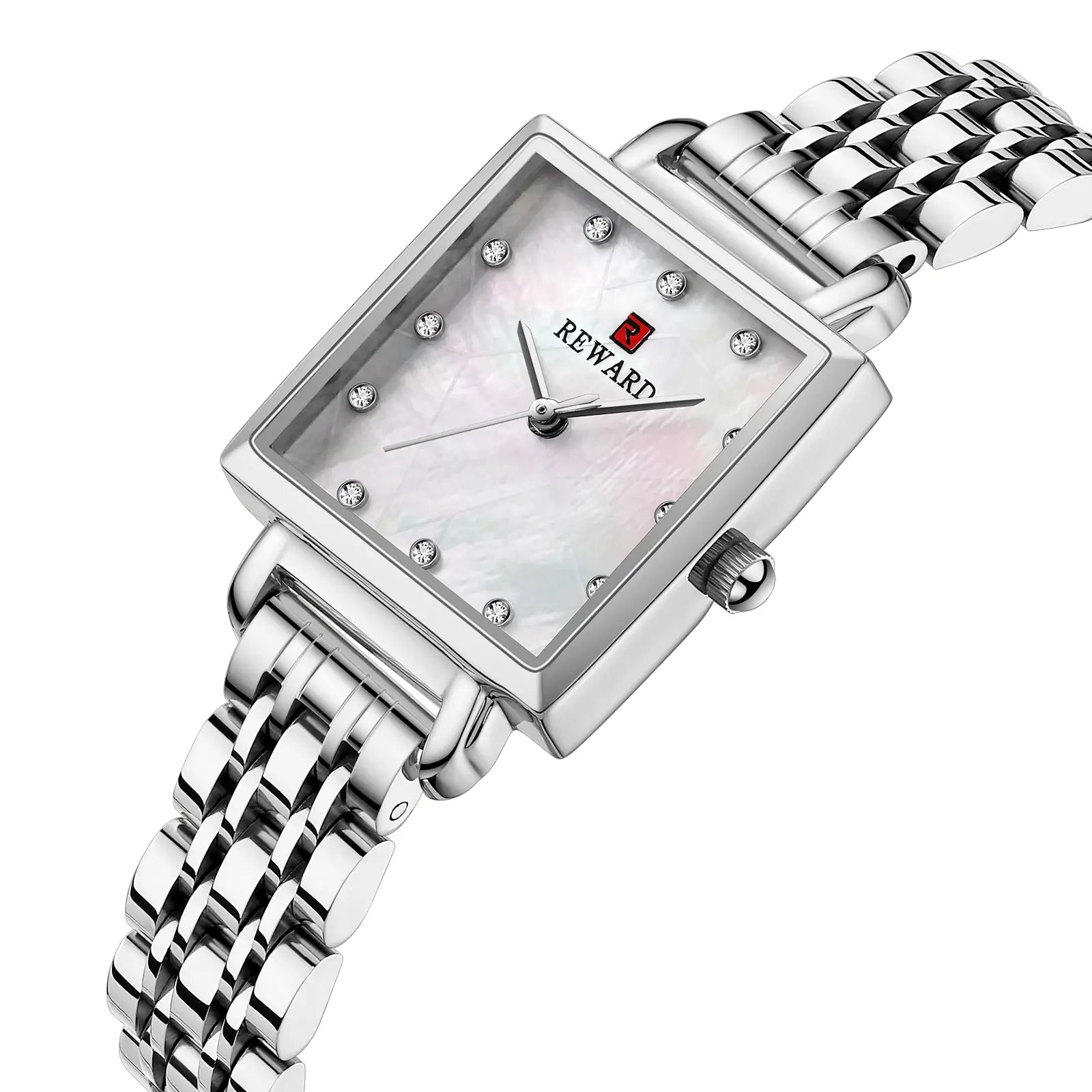 Relógio quadrado feminino pequeno prata Reward VIP Élise com vista do mostrador e seus cristais incrustado