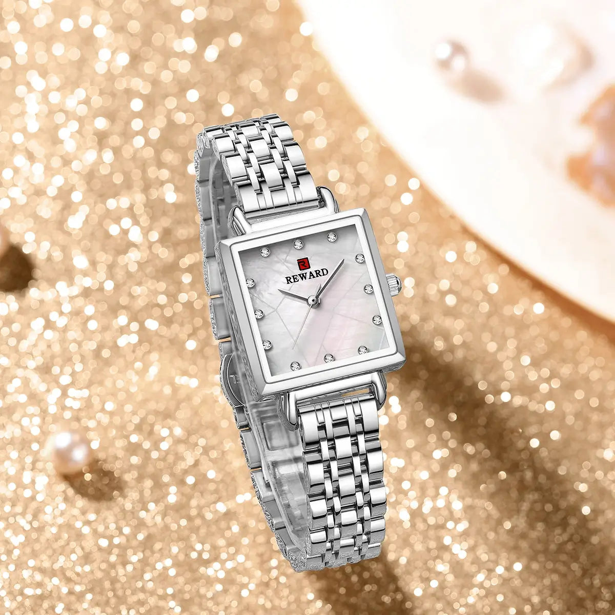Relógio quadrado feminino pequeno prata Reward VIP Élise com vista de cima destacando todo o relógio e seu design