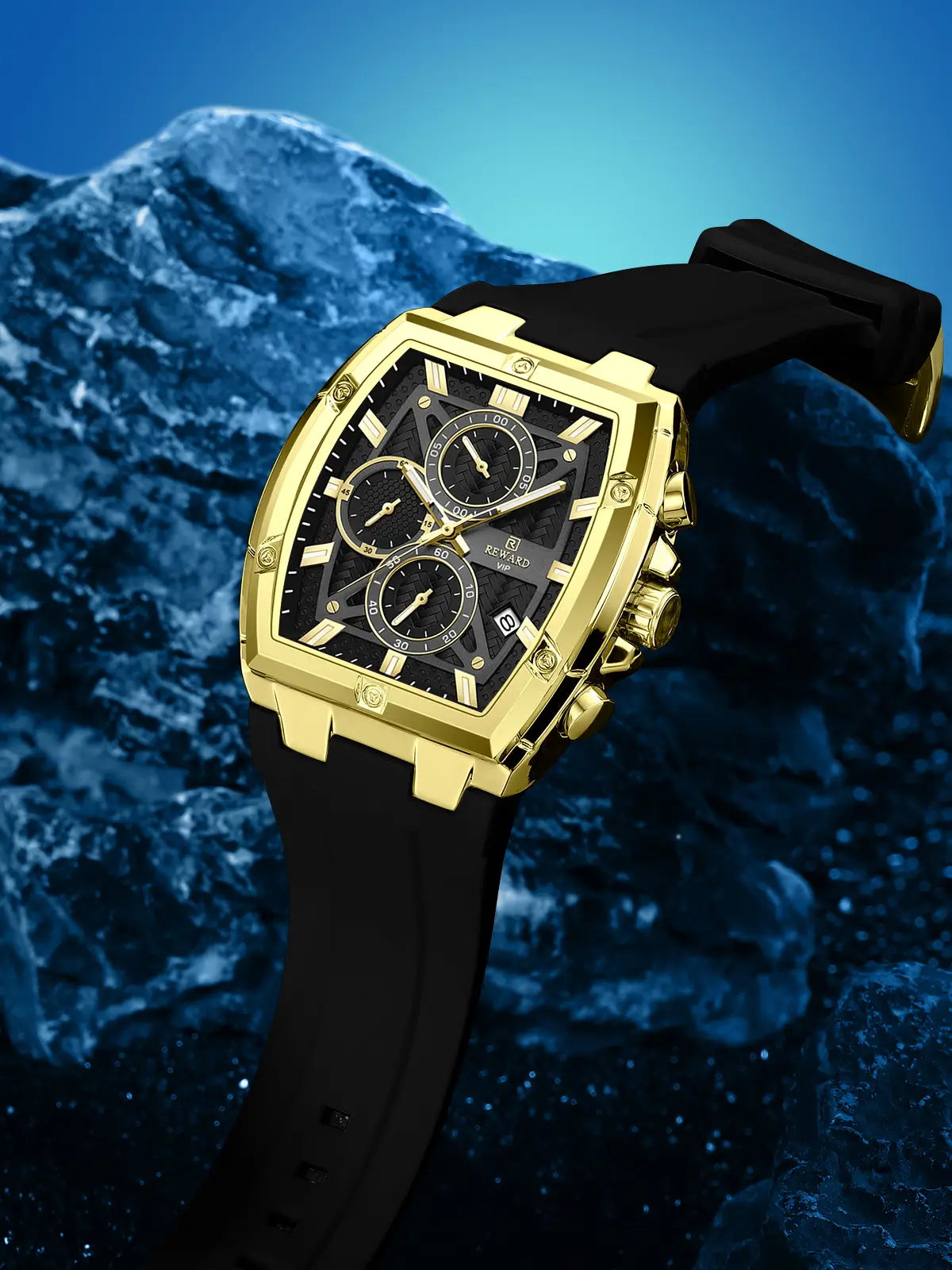 elógio masculino preto Reward VIP Racing no pulso destacando sua pulseira e mostrador preto intenso com Bisel e caixa dourado