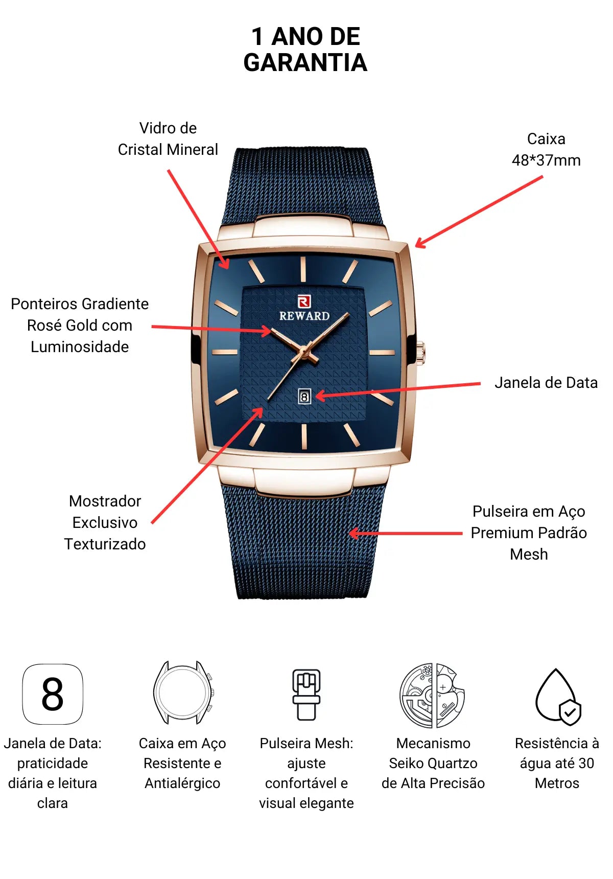 Relógio Quadrado Masculino Azul Monaco Date 48 mm