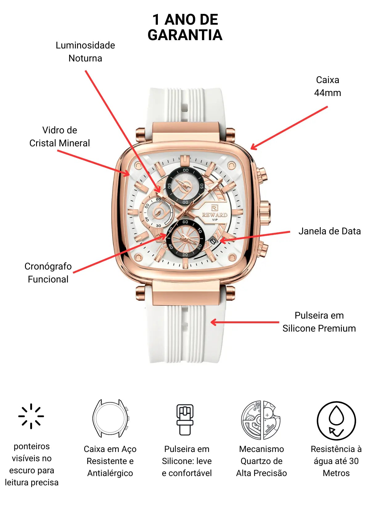 Relógio Quadrado Masculino Esportivo Monaco Sport 44 mm