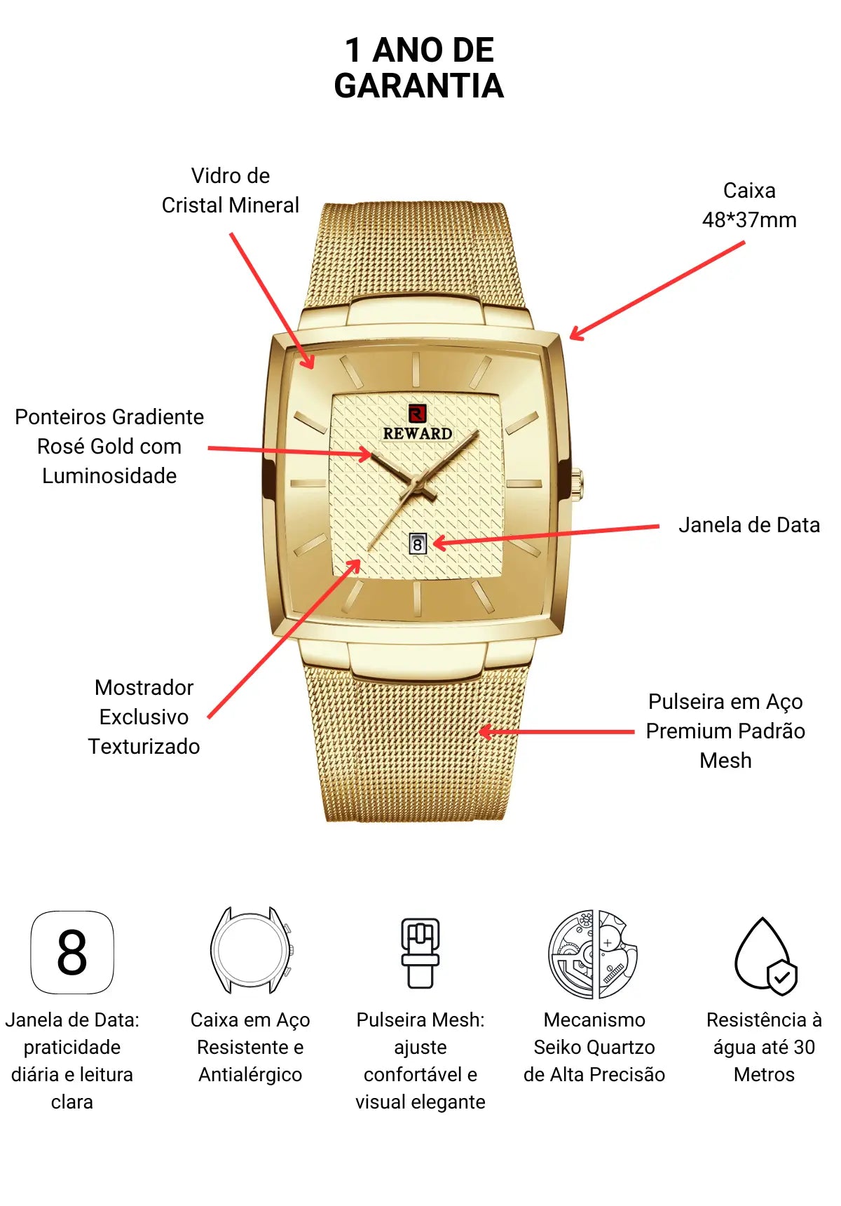 Relógio Quadrado Masculino Social Dourado Monaco Date 48 mm