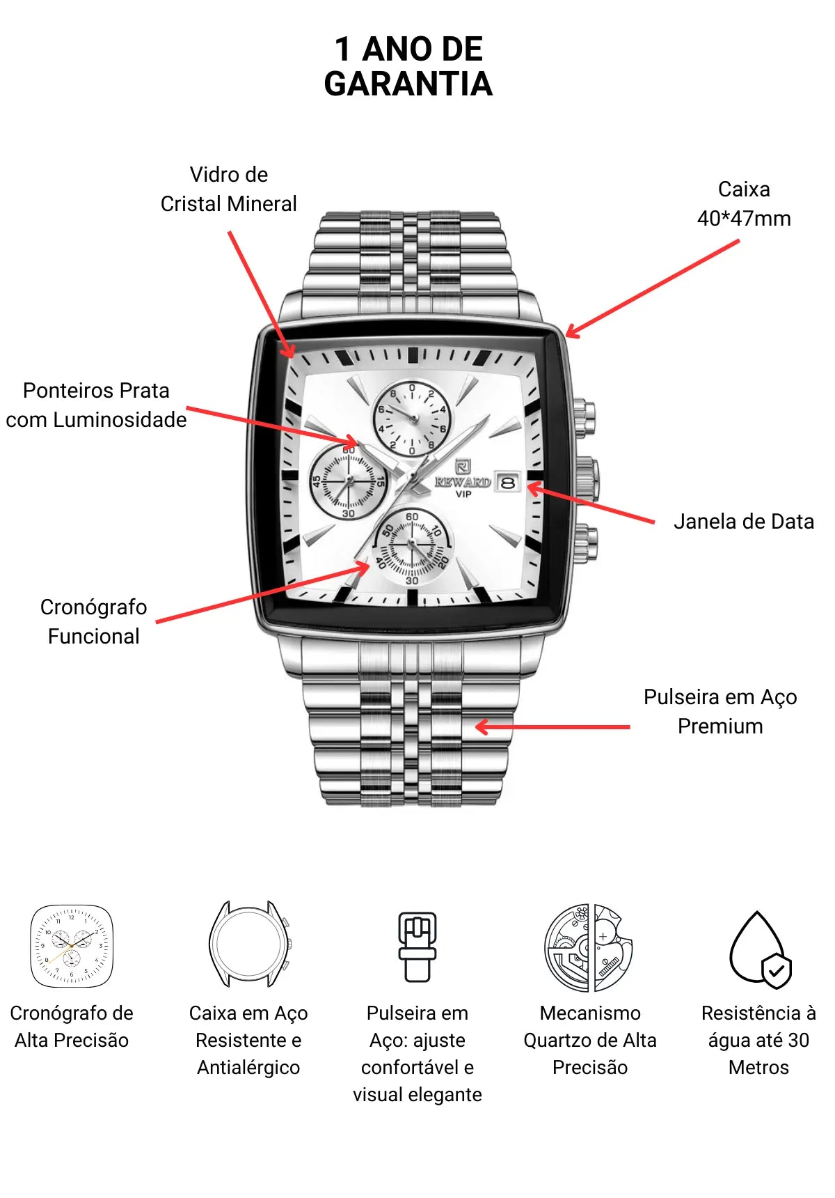 Relógio Quadrado Masculino Prata Monaco Chronograph 40 mm