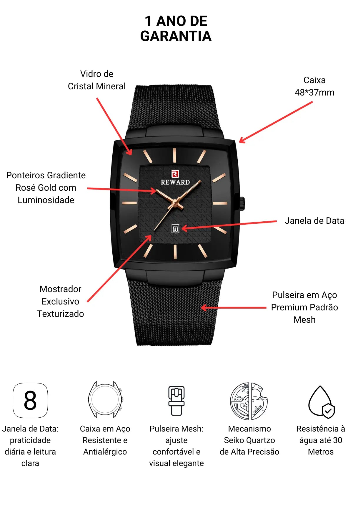Relógio Quadrado Masculino Social Monaco Date 48 mm