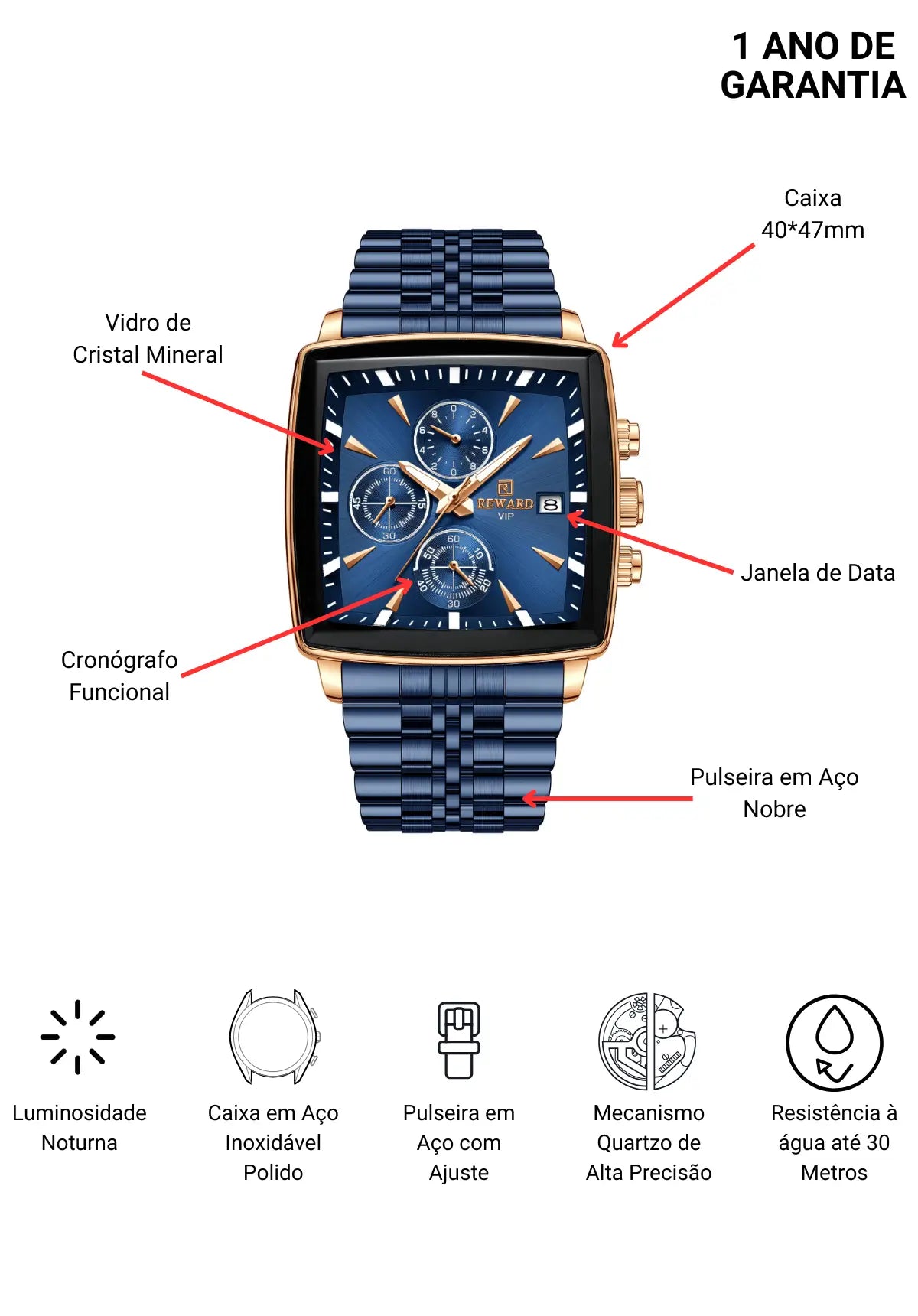 Relógio Quadrado Masculino Azul Monaco Chronograph 40mm