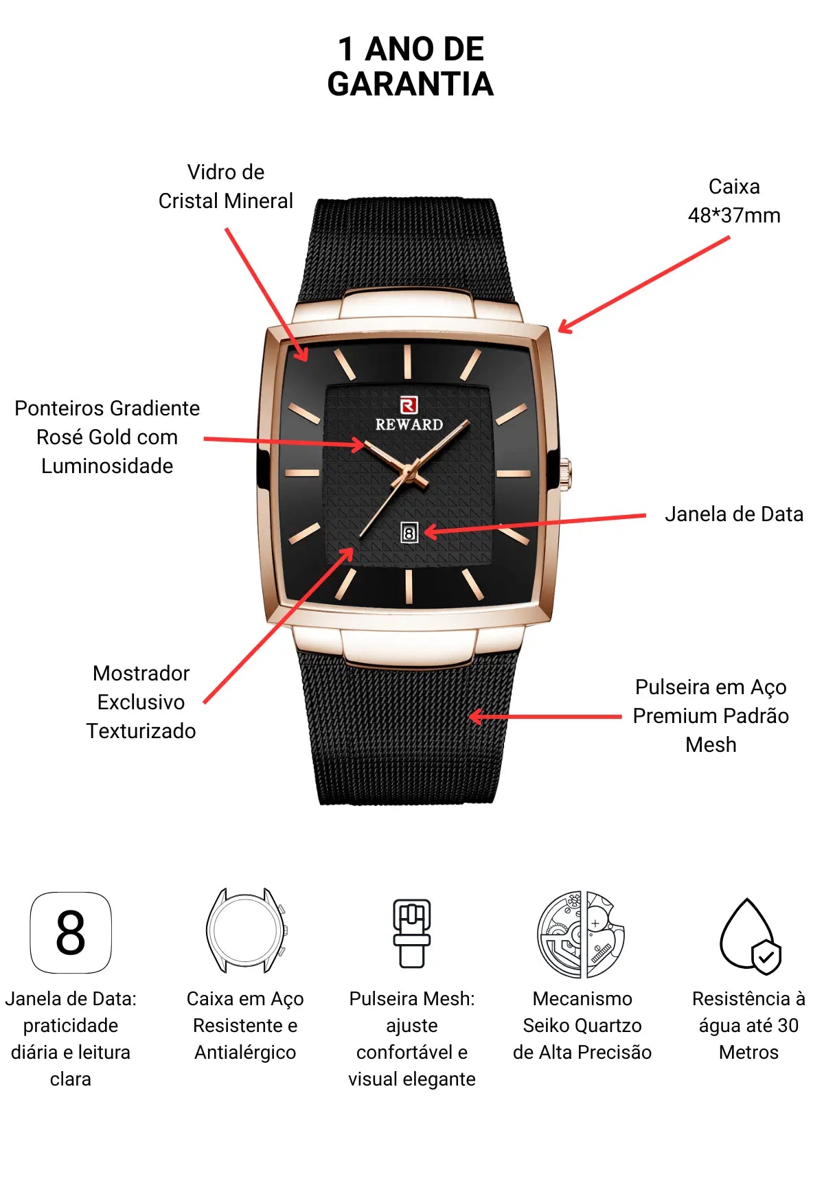 Relógio Quadrado Masculino Social Monaco Date 48 mm