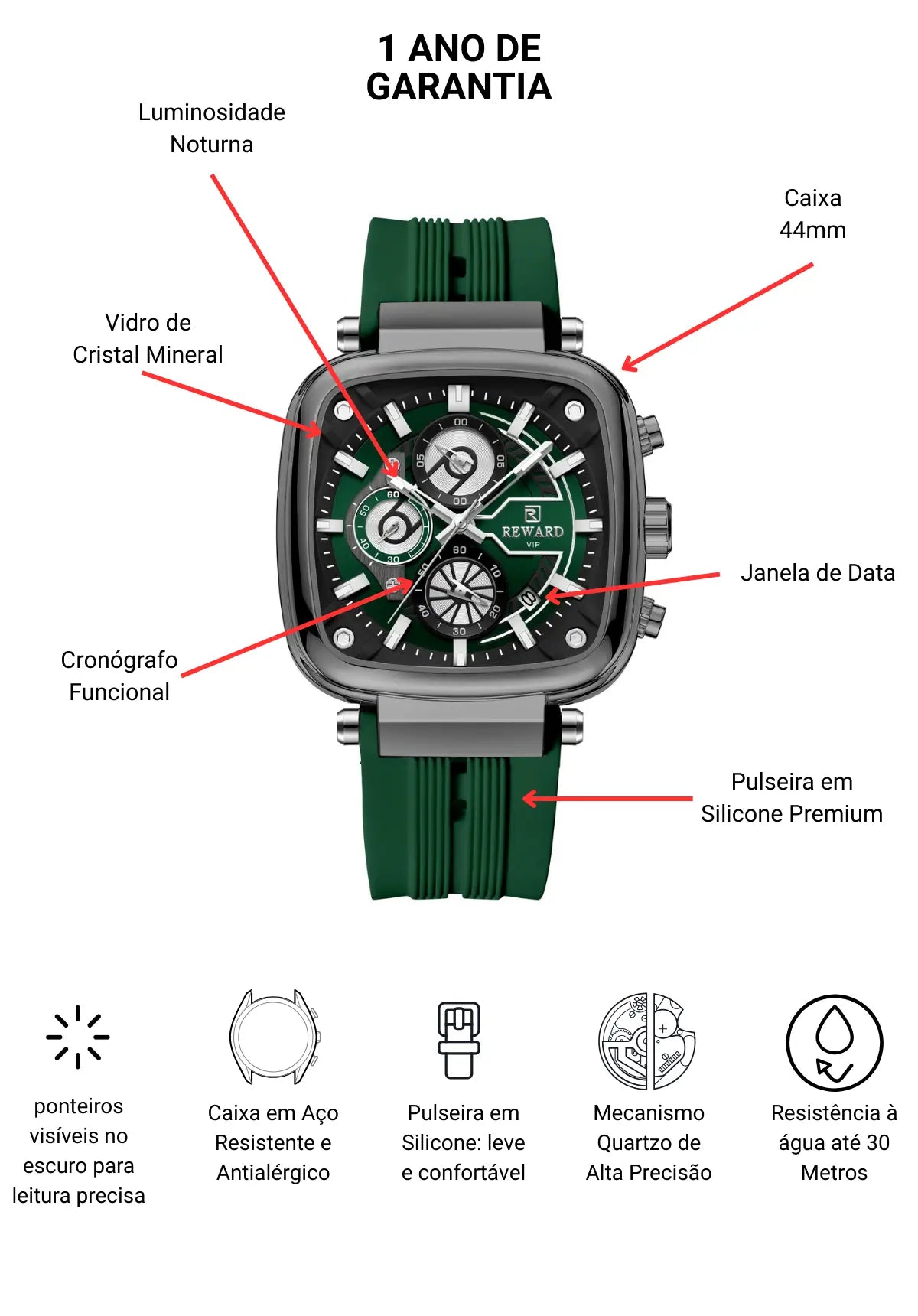 Relógio Masculino Esportivo Reward VIP Monaco Green 44mm