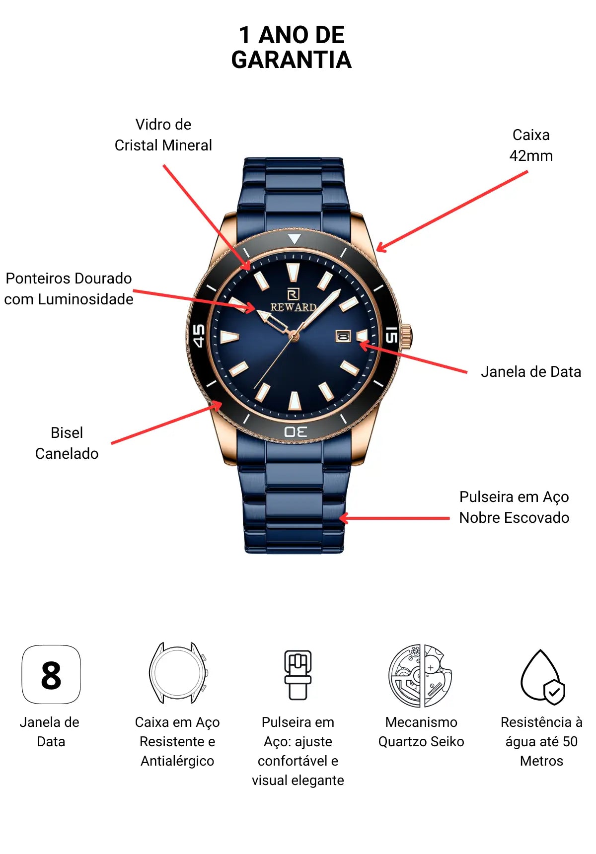 Relógio Casual Masculino Azul Heritage 42 mm