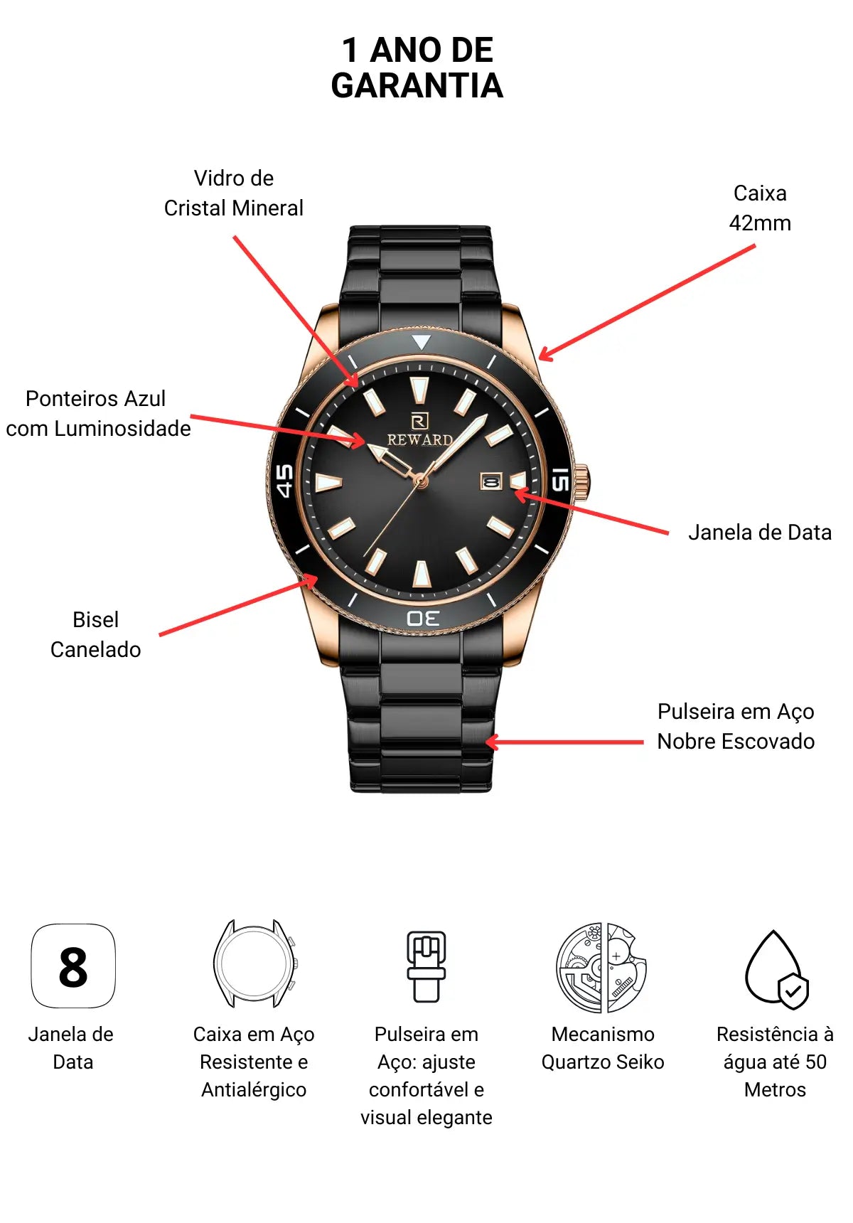 Relógio Casual Masculino Preto Heritage 42 mm