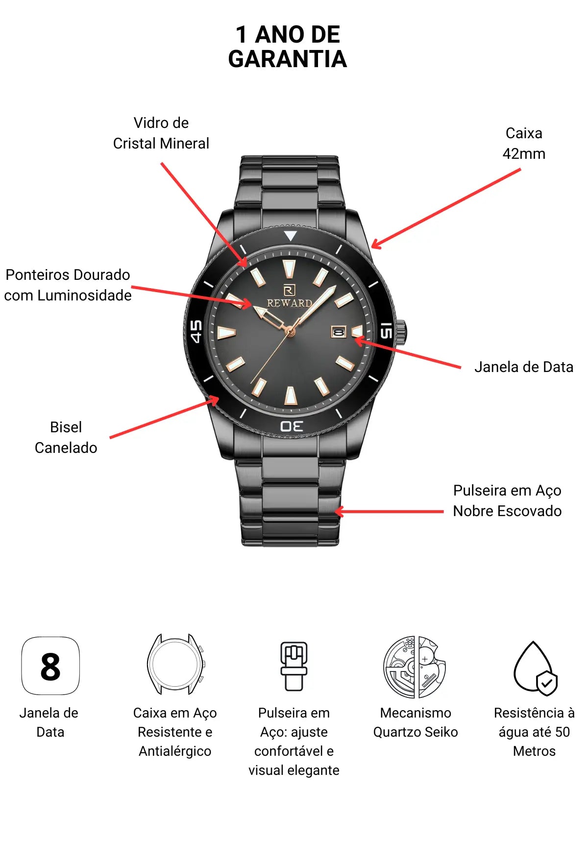 Relógio Casual Masculino Preto Heritage 42 mm