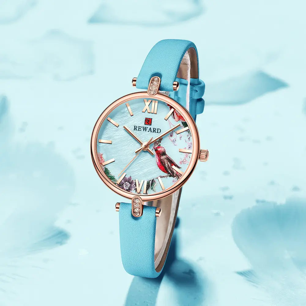 Relógio Feminino azul Reward VIP Turquoise com movimento quartzo pulseira em couro azul 