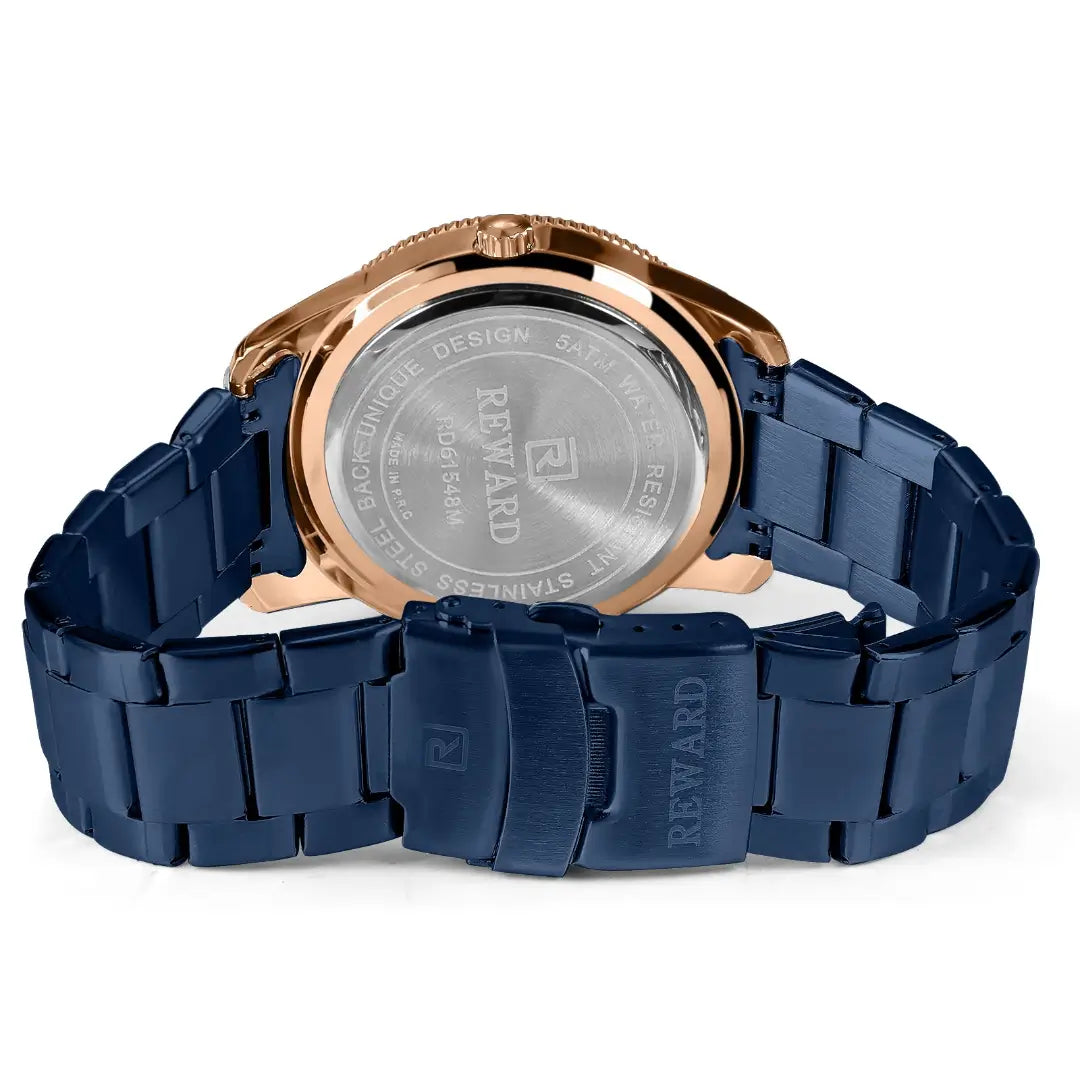 Relógio Masculino azul Reward VIP Heritage com movimento quartzo Seiko - VIsta do fundo da caixa