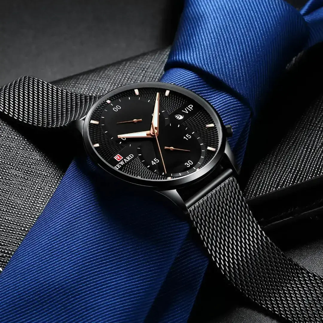 Detalhes relógio masculino preto casual e minimalista reward vip linéar