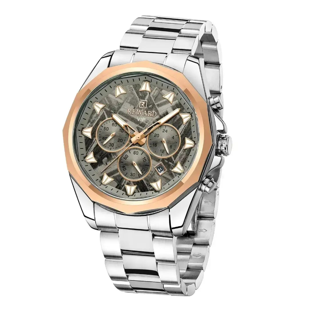 Relógio masculino prata Reward VIP Vanguard com moldura ouro rosa