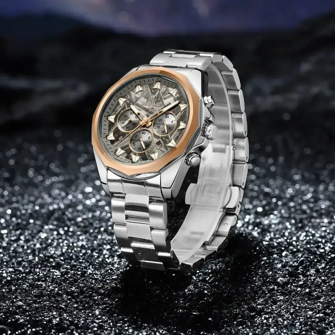 Relógio masculino prata com bisel em ouro rosa e cristal mineral de alta qualidade e resistência