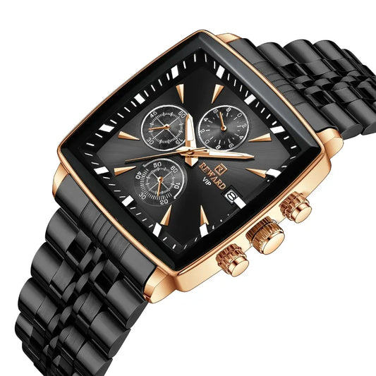 Relógio masculino sofisticado com tons de cor preto, caixa feita em aço na cor dourado com detalhes e mostrador na cor preta com índices e ponteiros dourado 