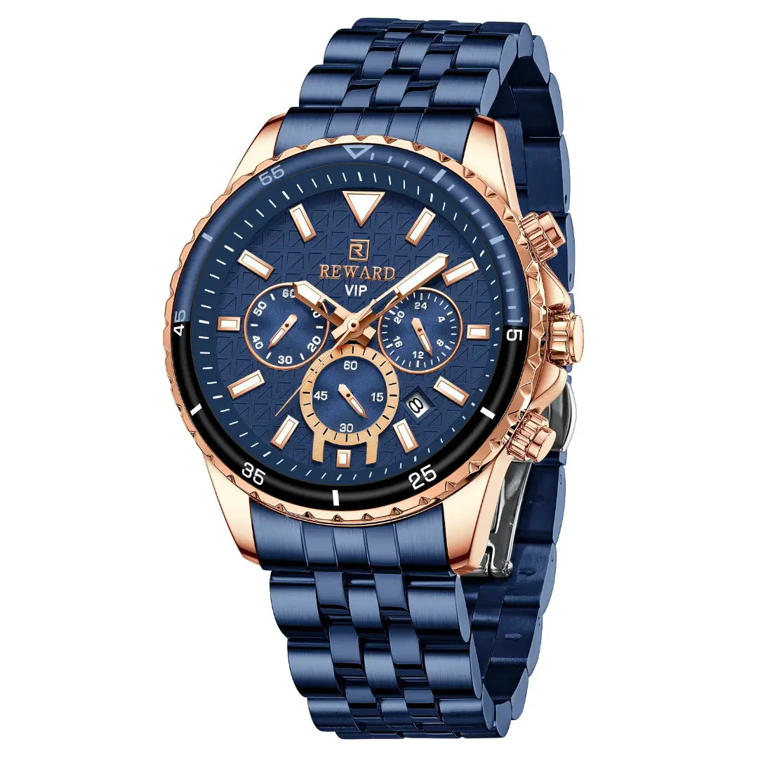 Relógio masculino azul com ouro rose movimento quartzo - reward vip essence  lateral